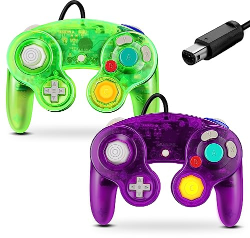 FIOTOK Gamecube Manette filaire classique pour Wii et Gamecube | Violet transparent et vert transparent - Lot de 2