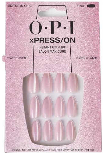 OPI xPRESS-ON Editor in Chic - Baby Pink Velvet Long and Almond Shaped Press On Nails - With Nail Glue - Long Lasting, Reusable and Non-Damaging False Nails