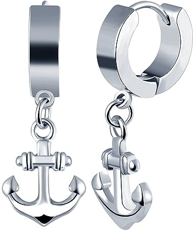 INFINIONLY Boucles d'oreilles Pendantes d'Ancre en Acier Inoxydable pour Homme Femme Créoles Boucles d'oreilles Ancre Fantaisie Bagues d'Oreilles Mode, Argent