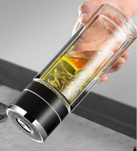 ZMHQLPDZ Tea Infuser Bottle - Double Wall Borosilicate Glass Tea Mug with Stainless Steel Filter - Tea Tumbler with Tea Diffuser - Portable Travel Tea Mug (Black)
