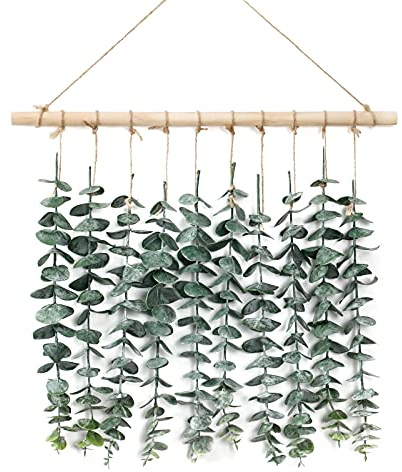 Weldomcor Künstlicher Eukalyptus, Wandbehang, Dekoration, Grün, Boho-Chic, Heimdekoration, Bauernhaus, rustikale Pflanzen mit Holzstab für Schlafzimmer, Wohnzimmer, Wohnung, Ornament, Geschenk