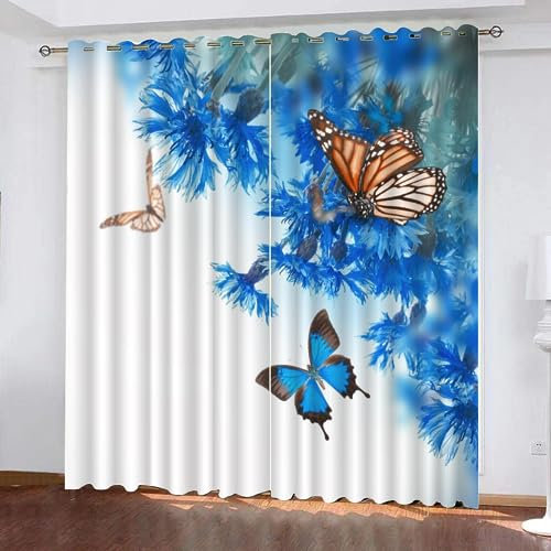 VULORA Kindervorhänge 3D Schmetterling Blickdichte Gardinen Blumen Natur Verdunkelungsvorhang mit Ösen für Jungen Mädchen Schlafzimmer Wohnzimmer Thermo Vorhänge 100x95cm(BxH), 2er Set