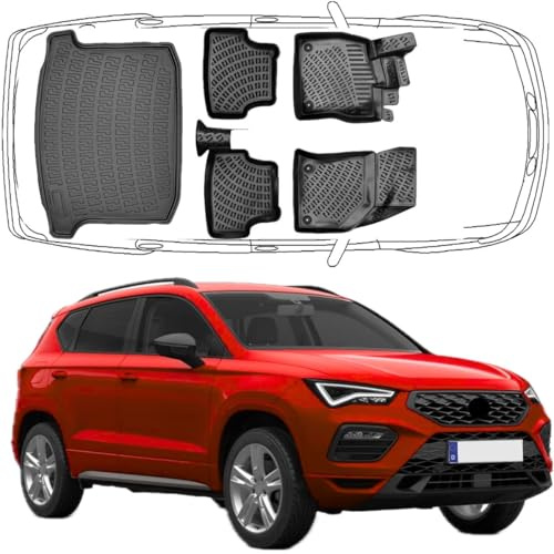 Trimak Passgenau 3D Fussmatten & Kofferraumwanne Auto Set Kompatibel mit Seat Ateca 4X2 ** Modelle ohne Reserverad ** 2016-2024 Auto Zubehör Autos TPE Allwetter Geruchlos rutschfest Schwarz