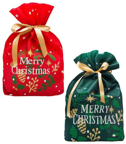 MAQA 10 piezas Porta panettone navideño Feliz Navidad 38x42 cm, Comprador para panettone en TNT rojo o verde, Bolsas porta panettone y pasteles con cinta Verde