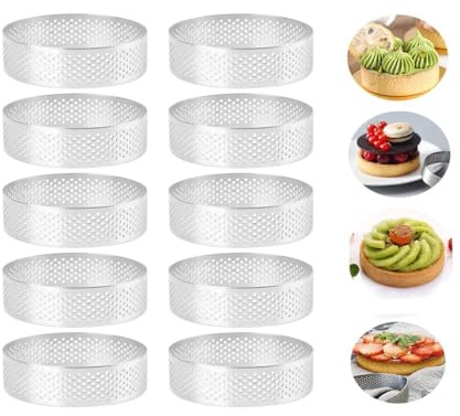 Tagtight Lot de 10 Cercle a Patisserie, Mini moules à tartelettes Ronds avec Trous, Moule à gâteau en Acier Inoxydable, Poele Pancakes Quiches, Anneaux à Dessert Mousse, Moules de Cuisson DIY, 7 cm