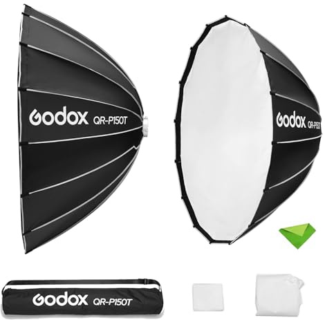 Godox QR-P150T Softbox parabolico da 150 cm/59 pollici, diffusore di luce a sgancio rapido con montaggio Bowens per streaming live in piccoli luoghi, produzione video per SK400II SL-60W AD600BM VL150