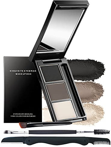 Kit di trucco in polvere per sopracciglia, palette di 3 colori per sopracciglia a lunga durata, impermeabile, riempitivo per sopracciglia serie nero marrone, riempitivo per sopracciglia complete, con