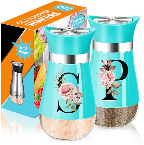 Salt and Pepper Shakers Set, 4 oz Cute Salt Pepper Shaker, Stainless Steel & Glass Spice Dispenser Classic, Refillable Design, Farmhouse Salt Pepper Shakers Cute Kitchen Decoration (Blue)
