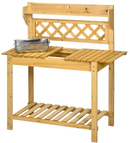 Outsunny Table de rempotage Table de Plantation en Bois avec évier Coulissant 2 étagères 92 x 45 x 120 cm - Sapin