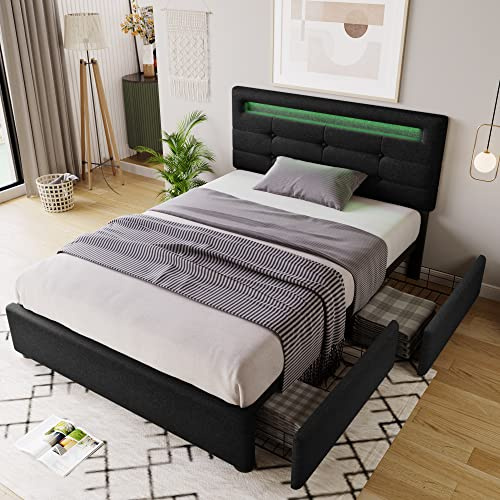 Polsterbett 90x200, Einzelbett mit LED-Beleuchtung und 2 Schubladen, höhenverstellbares Kopfteil, Lattenrost aus Holz, Gepolstertes Bett Funktionsbett Rückenlehne Bettgestell, ohne Matratze, Schwarz