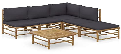 Cozynest 6-TLG Kissen Garten Garnitur Sitzgruppe Sofa Gartensofa Lounge Sitzgarnitur Gartenset Ecksofa Mittelsofa Bambus. Garten-Lounge-Set mit Dunkelgrauen Kissen Bambus