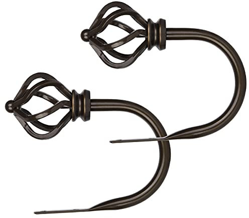 KAMANINA 2 Pack Bronze Curtain Holdbacks, U Form Wall Mounted Curtain Tiebacks, Decorative Curtain Drapery Holdback with Twisted Cage Finials for Fixed Curtain or Hanging Items