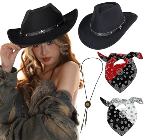 4 Stück Western Cowboyhut mit Bandana und Western-Cowboy-Anhänger, Kopfbedeckung für Faschingskostüme, Western Cowgirl Hüte für Verkleidung, Kostüm, Karneval, Mottoparty Cosplay Party Dress Up