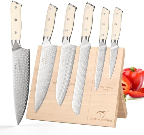 NANFANG BROTHERS 6-Piece Damascus Kitchen Knife Set with Magnetic Wood Stand - VG10 Steel Blades, Ergonomic ABS Handles, Chef/Cooking Knives