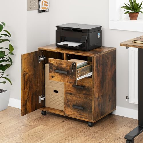 YITAHOME Bürocontainer Schubladenschrank Rollschrank Rollwagen, Rollcontainer mit 3 Schubladen, Mobiler Aktenschrank mit Rädern, Schubladenkommode für Zuhause Büro, 60x40x57 cm (Vintagebraun)