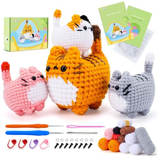 Häkelset für Anfänger, Tier-Katzen-Häkelset für Erwachsene und Kinder, Stricksets, komplettes Häkelset mit Schritt-für-Schritt-Video-Tutorials, 4-teiliges Katzen-Häkeltier-Set, Überraschungsgeschenk