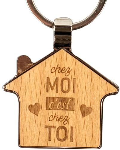 Ernestine - Porte-clés couple maison et amour - cadeau couple saint valentin amoureux - cadeau amour homme femme - amitie gravure sur bois - forme de coeur