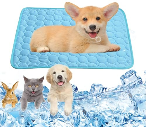 Huanmin Kühlmatte Hund 62x50cm Hundekühlmatte Selbstkühlend, Kühlmatte für Hunde Katzen Haustiere, Ohne Gel Kühldecke Hund, Faltbare Hundedecke Kühldecke für Zuhause Garten Oder Im Autositz (Blau M)