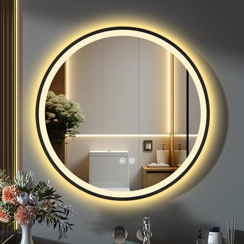 GIMBELEN Runder Badspiegel mit Beleuchtung, Spiegel rund 60cm mit Beleuchtung, Badezimmerspiegel Wandspiegel mit 3 Lichtfarben, Dimmbar, Speicherfunktion, IP44 HD Sicherheitsglas, Schwarz