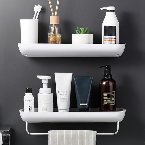 Miawtro Bathroom Shower Caddy Shelf, Grey No-Drill Storage Rack with Detachable Stainless Steel Towel Bar, Large Capacity Drainage Shower Shelf with Anti-Slip Rail for Bathroom, Toilet or Kitchen