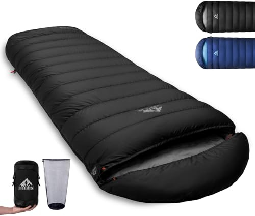 BUERTS Ultraleichter Daunenschlafsack (680FP) – Kompaktes Packmaß – 3 Jahreszeiten Schlafsack für Erwachsene zum Trekking, Camping & Bikepacking – RDS zertifizierte Daune. (Schwarz -10℃ bis -18℃)