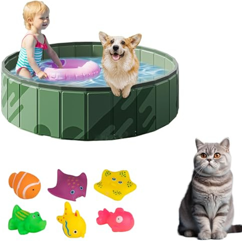 Piscina para perros plegable, gruesa para perros, 100 x 30 cm, placas antideslizantes, drenaje rápido, bañera para perros con cepillo de baño, piscina infantil (verde, 100 cm)