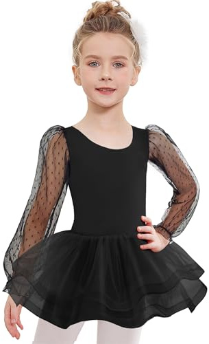 Arshiner Ballettkleidung Mädchen Puff Langarm Kinder Ballettkleid Ballettanzug Tanzkleid Tutu Ballett Tanzbody mit 3-lagiges Tütü 2-8 Jahre