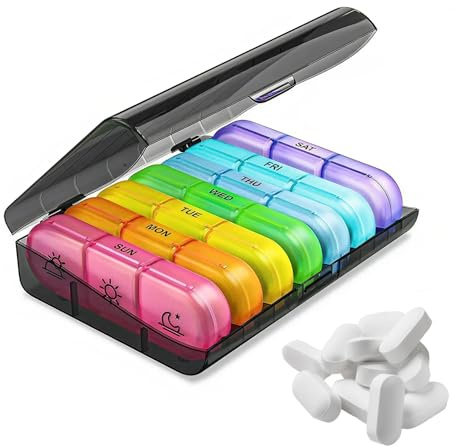 KUKUPOW Pastillero Semanal 3 Tomas, Organizador de Medicamentos con 21 Compartimentos, Pastillero Diario Grande 7 Dias,Dosificador de Comprimidos Portátil para Viaje y Vitaminas(Colorido)