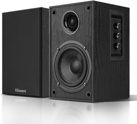 Elimavi Powered Bluetooth 5.3 Bookshelf Speakers - 60W Record Player Speakers with 4 Carbon Fiber Woofer & USB-C/RCA Input, Wooden Monitor Speakers for Turntables, PC, TV, Gaming, Black
