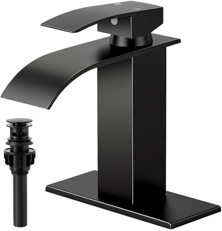 FDKW Matte Black Bathroom Faucets, Waterfall Bathroom Sink Faucet Single Handle Bathroom Faucet for 1 or 3 Hole, Mixer Tap Vanity Faucet with Deck Plate, Pop-up Drain and Supply Hoses