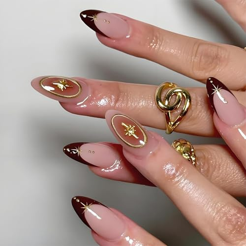 Auroriel 24 Stück Mittelgroße Mandel Press On Nägel Rot French Tip Gold Chrom Rand 3D Sterne Glitzer Wiederverwendbare Gel Falsche Nägel Maniküre Set