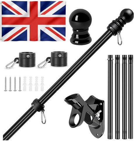 Union Jack Flag with Pole, Union Jack Flags With Wall Mounted Flagpole Kit, Mounting Bracket, England Flags 5ft x 3ft with Eyelets (Flag + Flagpole + Mounting Bracket)