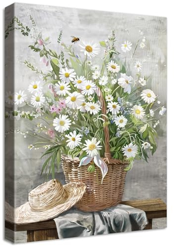 Stampa su tela Con Cornice Cesto di Margherite Pittura Quadri su tela Cappello di Paglia Rustico Floreale Quadri Moderni Botanico Rustico Soggiorno Camera da Letto Bagno Stampe da Parete 30x40cm
