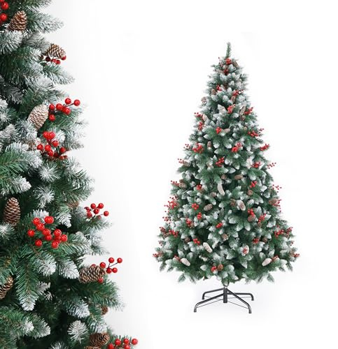 APICIZON Artificial Christmas Tree 180cm with PineCones & Berries, Snowy Flocked Xmas Tree with 750 Branch Tips, Christmas Decorations