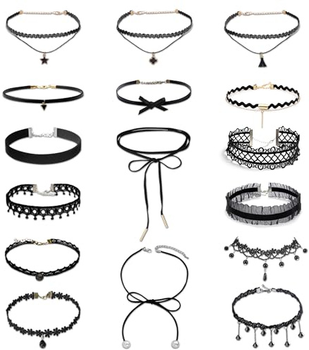 YinnFeen Choker Halskette Schwarz, 16 Stück Choker Kette Damen, Verstellbare Gothic Velvet Halsband Klassisches Samt Spitze Choker Schmuck für Damen Halloween Cosplay Party