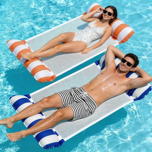 2 PCS Luftmatratze Wasser Hängematte, 4 In 1 Aufblasbare Wasser Erwachsene, Wasserhängematte mit 2 Kopfstütze Luftmatratze Pool Zubehör Lounge Pool Schwimmbad Strand Sommer Party