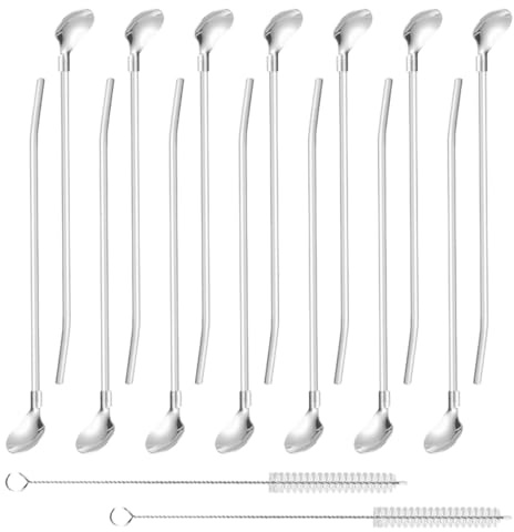 14 Stück Trinkhalmlöffel aus Edelstahl, Silber Strohhalm mit Löffel | Trinkhalme Löffel, Strohhalmlöffel, mit 2 Reinigungsbürste, Wiederverwendbare, für Smoothies, Milchshakes, Cocktail, Kaffee