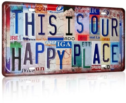 Kemay Vintage License Plate Wall Decor THIS IS OUR HAPPY PLACE Colourful Metal Tin Sign for Home Garden Bar Garage Living Room Rustic Plaque with Pre-Drilled Holes (12x6 Inches)