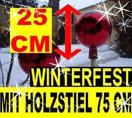 BTV 25 cm gartenkugeln KOMPLETT MIT Holz-STIEL, Gartendeko FROSTSICHER, LICHTECHT und Winterfest, große Gartenkugel rote Rosenkugel Gartenkugeln rot Glas Stele Rosenstab Gartenstecker