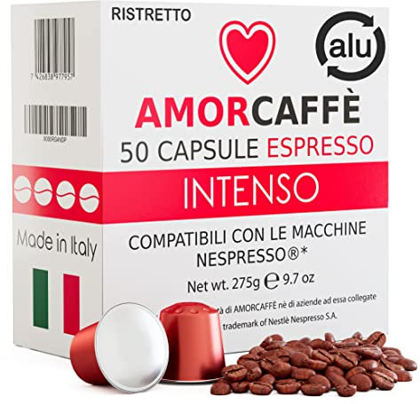 Amorcaffe 50 Aluminium Capsules Compatible with Nespresso Pods - Intenso Ristretto