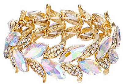 Clearine Damen Armband Hochzeit Braut Marquise-Form Blatt Stretch Armreif Armkette Bracelet Schillernder AB-Gold-Ton