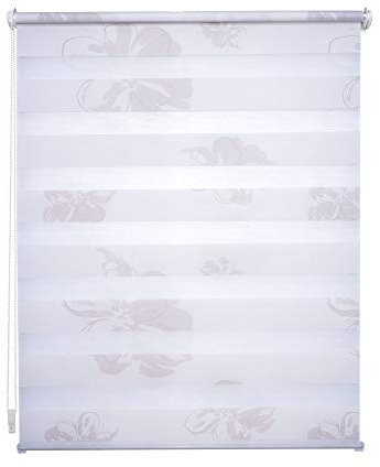 Klemmfix Doppelrollo weiß mit Druck Blume - Breite 40 bis 120 cm, Länge 150 cm BZW. 210 cm - Duo - Rollo ohne zu Bohren (90 x 210 cm)