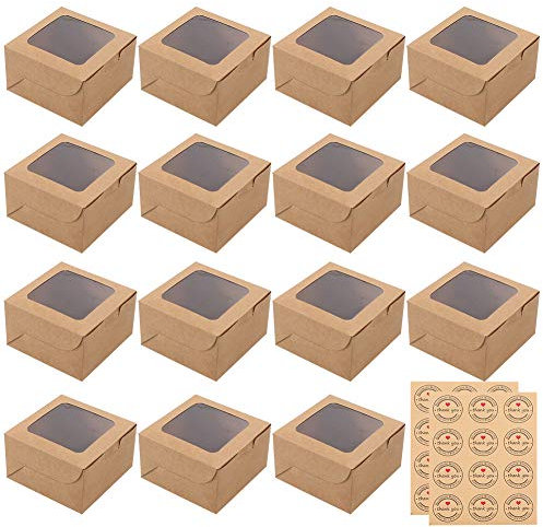 Feelava Mini scatole per torta in kraft con finestra e 24 adesivi per alimenti, biscotti, pane, caramelle, fette per torta e dessert, confezione regalo con finestra trasparente, contenitori per feste