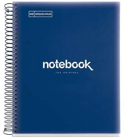 Miquelrius - Cuaderno A5 Cuadriculado, 120 Hojas, 5 Colores, Azul Marino | Tapa de Polipropileno, Papel de 90 g/m², Espiral Microperforado, 2 Taladros para Archivar, Notebook Emotions