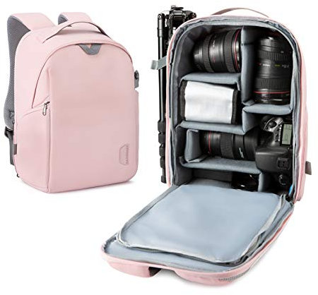 bagsmart Kamerarucksack, DSLR SLR Kameratasche Passend für 13,3-Zoll Laptops, Wasserfeste Fotorucksack mit Regenschutz, Stativhalter, Rosa Mittel