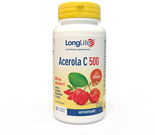 LongLife® Acerola C 500 | Integratore masticabile con acerola, vitamina C, rosa canina, esperidina e rutina | Difese immunitarie e antiossidante | 30 compresse | Gusto arancia | Vegano e senza glutine