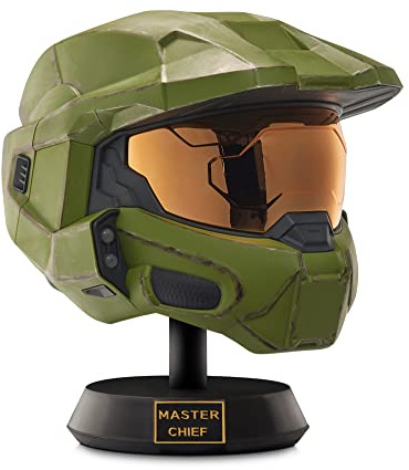 Halo HLW0173 Master Chief Deluxe hjälm med stativ-LED-lampor på varje sida - stridsskadad färg - en storlek passar de flesta bygguniversum, multi
