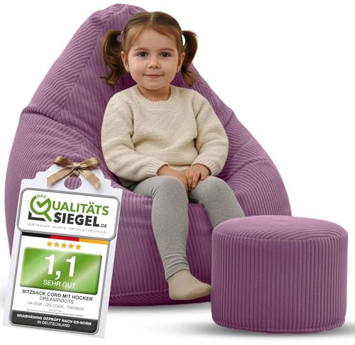 DreamRoots Sitzsack Kinder Cord 70x70x105 mit Hocker, Plum Smoothie | Bean Bag Chair mit Hocker, Lehne & Bezug, mit Füllung, Sitzkissen Boden, Kindersitzsack Kinderzimmer