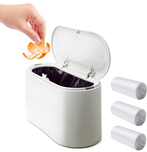 Business King Mini Desk Trash Can with Lid with 90 Pcs Trash Bag, Lint Bin 0.5 Gallon Countertop Waste Bin for Table Tiny Garbage Can for Office Bedroom (White)