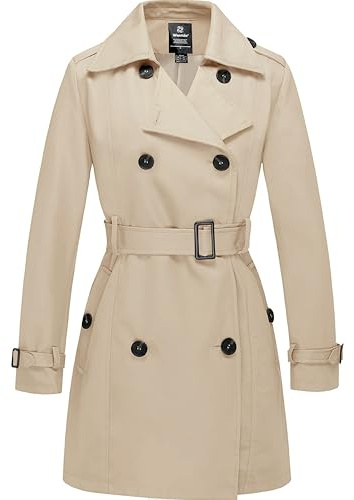 Wantdo Women's Double-Breasted Waterproof Trench Coat Windproof Lightweight Outerwear Coats Belted Shoulder Epaulets Slim Fit Jackets Khaki 14